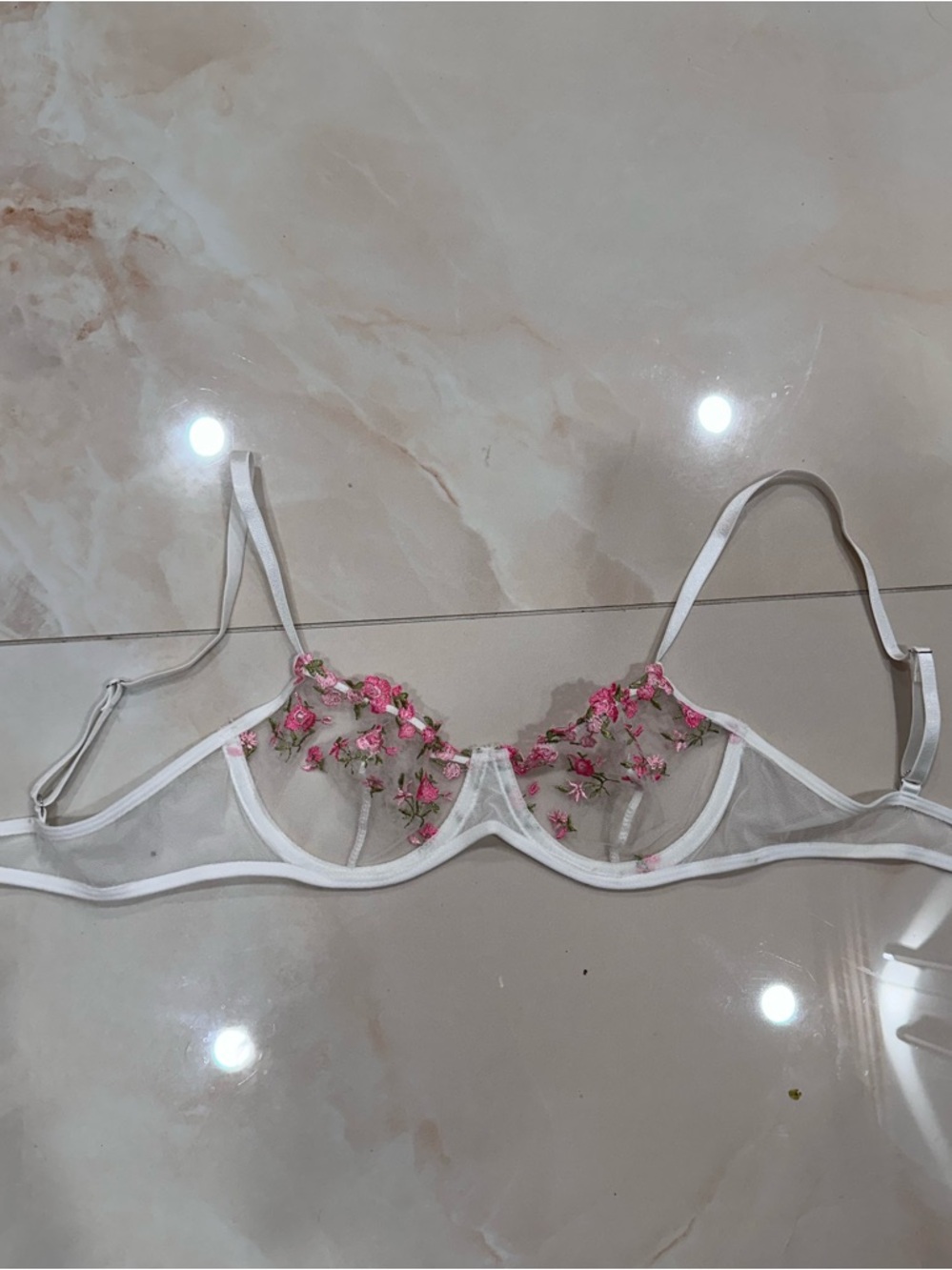 Sheer White Underwire Bra with Pink Floral Embroidery